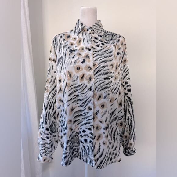 Vintage ‘80s All Hours Tiger Print Relaxed Fit Long Sleeve Button Down Blouse - Picture 1 of 8